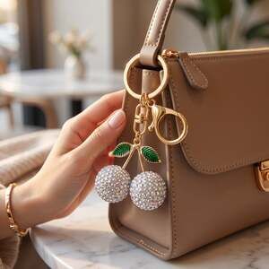 Rhinestone Cherry Keychain Bag Charm Crystal Cherries Gold Tone Sparkly